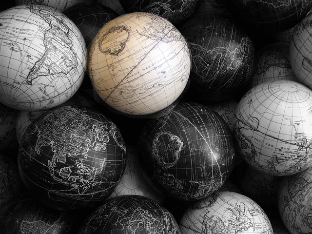 black and white globes
